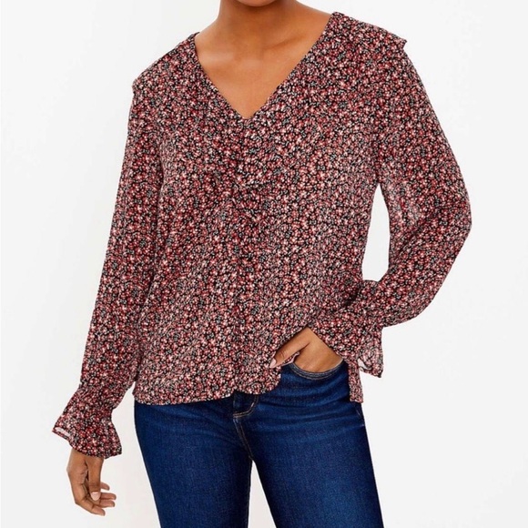 LOFT Tops - Loft Floral Ruffle Blouse, Dark Permisson, Sz S
